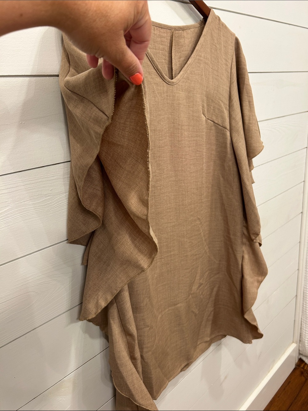 Women’s V-Neck Ruffle Sleeve dress or tunic in Light Brown - Picture 4 of 8